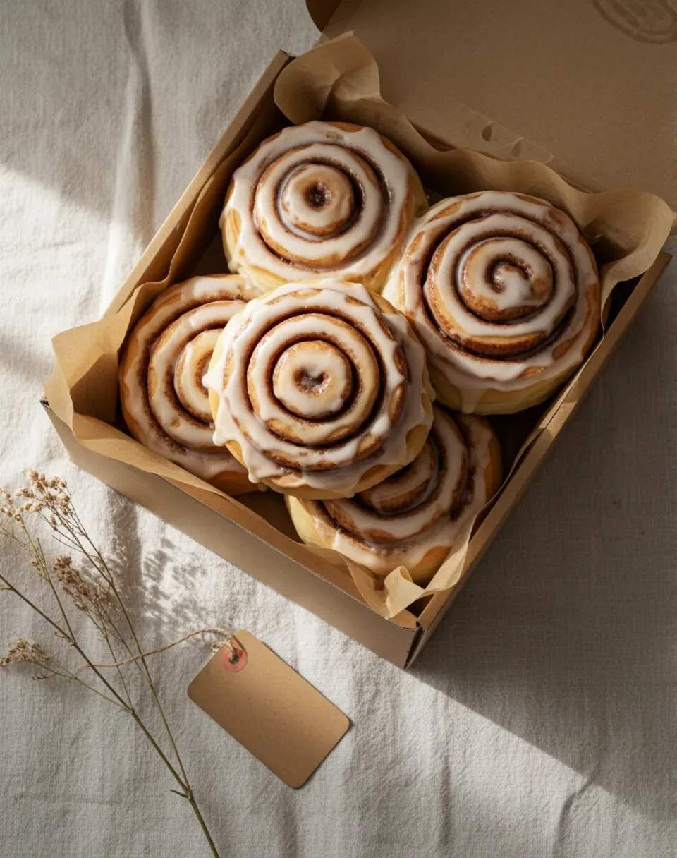 A tray of glazed TWICE Baked Goods cinnamon rolls