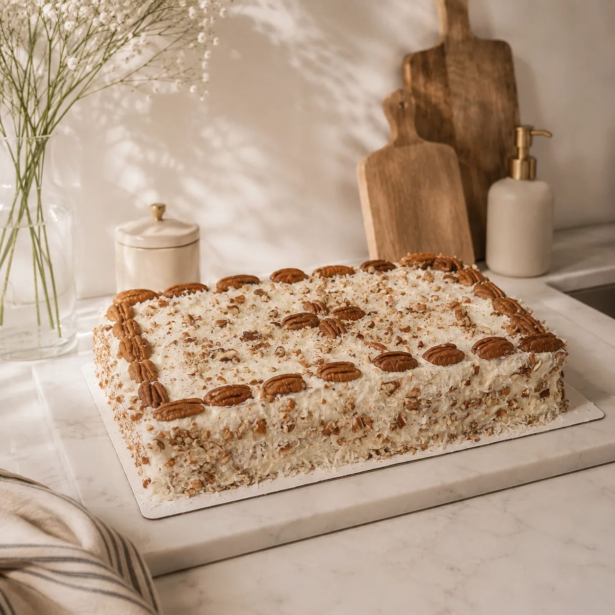 Italian cream cheese sheet cake topped with toasted pecans and coconut